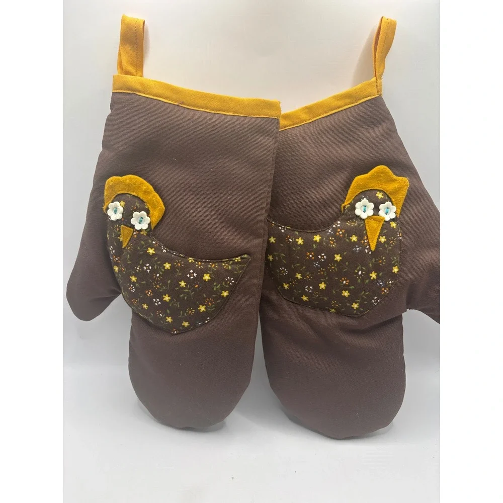 Vintage Handmade Chicken Oven Mitts Set of 2 Brown Yellow Floral Hen Farmhouse